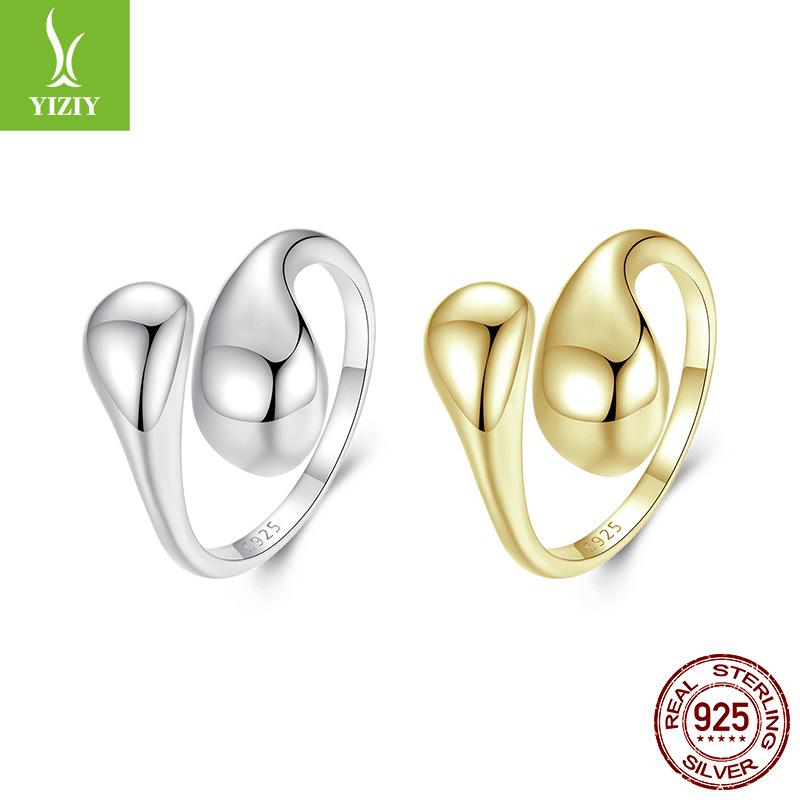 Glossy Water Drop Open Ring For Men And Women, Personalized High Sense 925 Sterling Silver Gold And Silver Two-Color Ring