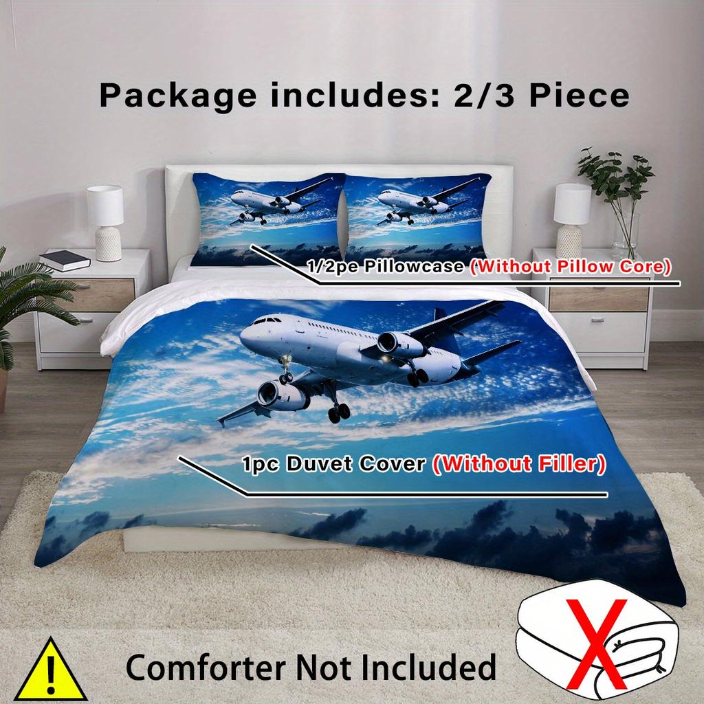 סט מצעים למטוס בהדפסה תלת-ממדית, 2/3 חלקים: כולל 1/2/3 ציפיות ו-1 יח' כיסוי שמיכה (בלי מילוי) - מַתְאִים