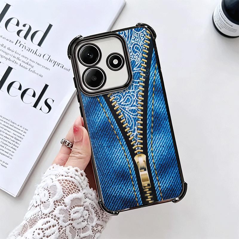 Retro Zipper Jeans Pattern Soft Phone Case For Xiaomi Redmi Note 14 15 Pro Plus 13 12 11S 11T 5G 10 9S 9 Plating Anti-Fall Funda