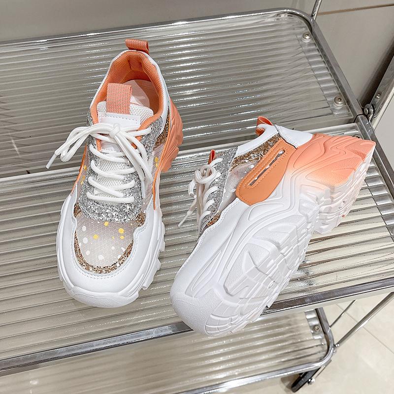 Fashion Shoes for Women Platform Shoes Autumn Women Casual Breathable Mesh Sequin Sneakers Wedges Sports Lace-up Non-slip Shoes