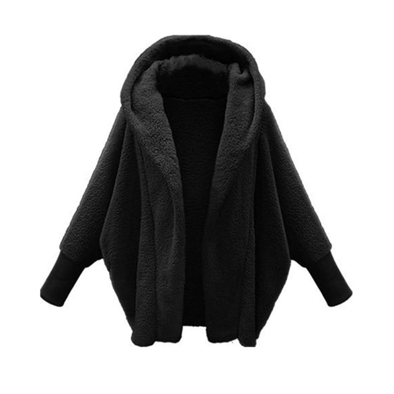 

Autumn and Winter Women s Solid Color Long-sleeved Hooded Loose Plush Jacket XS чёрный