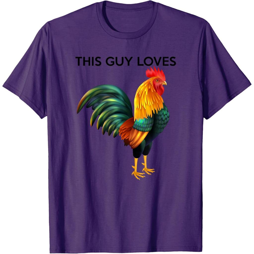 Funny Rooster Graphic Tee This Guy Loves Chicken Print Casual Cotton T-Shirt