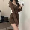 Autumn Style: Brown Long-Sleeve Top & Hip Short Skirt Two-Piece Set for Women
