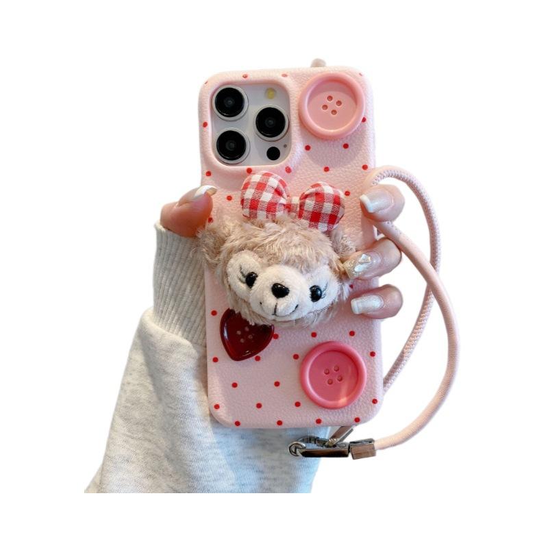 Winter Plush Filipino Button Lanyard Apple 16promax 15pro Fall proof Full Cover 13P Leather Pattern Mobile Phone Case