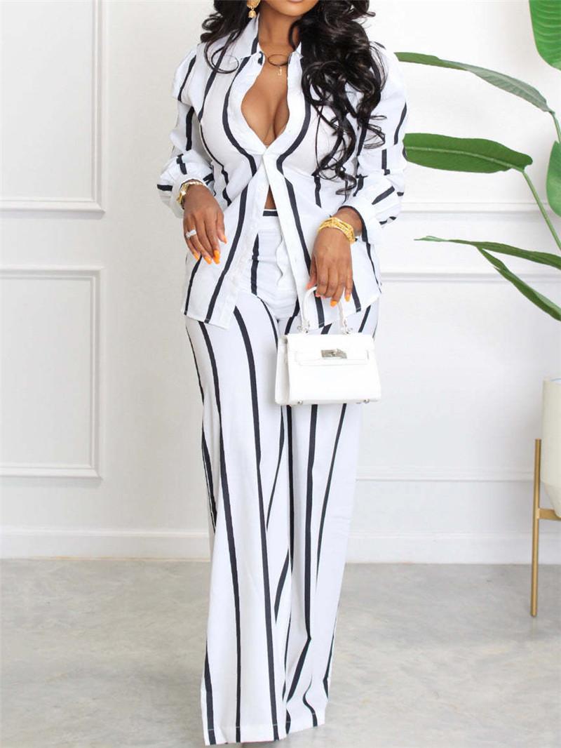 

Tooxika Женская полосатая рубашка с длинными рукавами и принтом, прямые брюки, комплект из двух предметов XXL