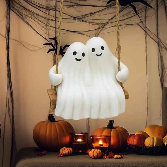 Halloween Couple Ghost Swing Statue Resin White Ghost Swinging Figurine Cute Ghost Sculpture for Garden Patio Yard Decor