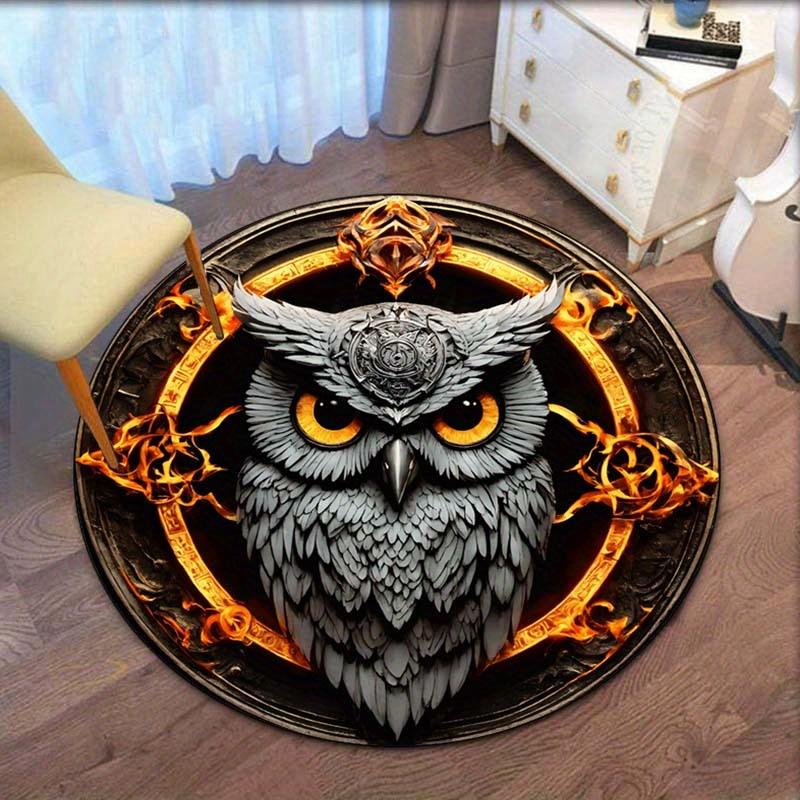 

Owl with Fire Symbol Round Rug Mystical Magic Animal Design Golden Flames Pattern Floor Mat for Study Room HomeDecorOccult Theme 60cm x 60cm