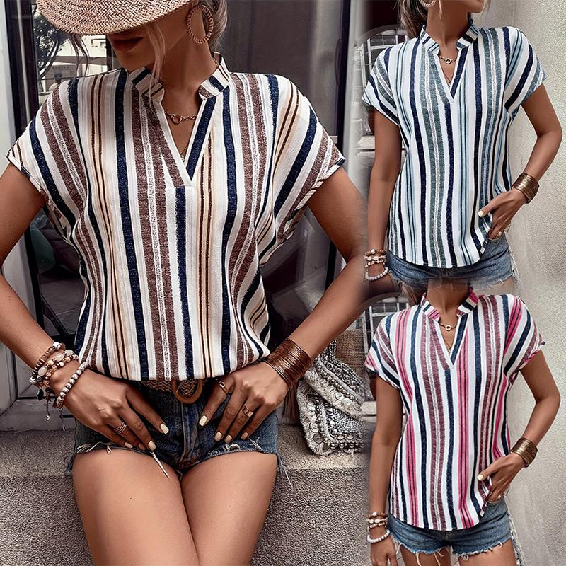 

2024 летняя женская модная блузка с v-образным вырезом, летняя футболка в полоску с принтом, топы с короткими рукавами, дышащая рубашка, новинка