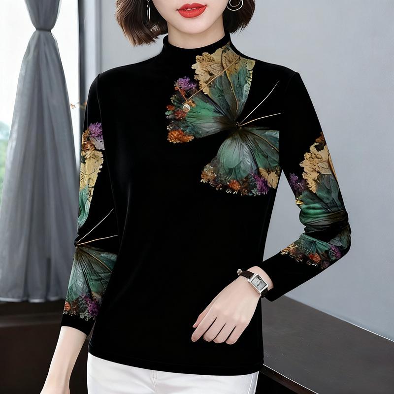 Stylish Printed Long-Sleeve T-shirt for Middle-Aged and Elderly Women - Slimming, Flaw-Hiding, Warm Fashionable Base Layer