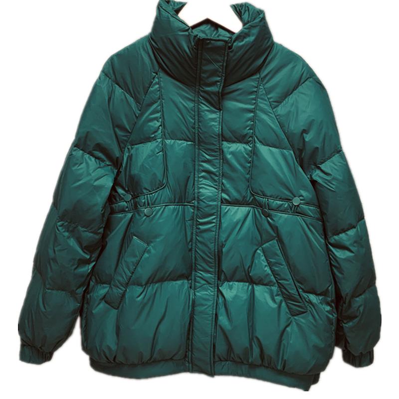 Femei, toamnă iarnă, jachetă albă din puf de rață, haină căptușită, guler scurt, mânecă completă, buzunar cu fermoar, vrac, îngroșare, culoare solidă