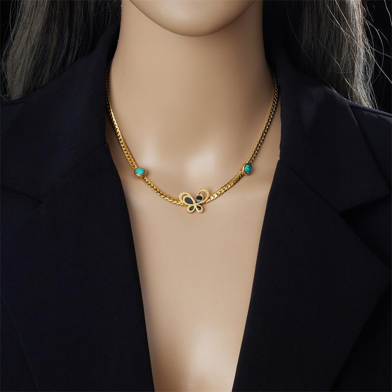 Gold Plated Stainless Steel Butterfly Turquoise Choker Necklace for Women золотой