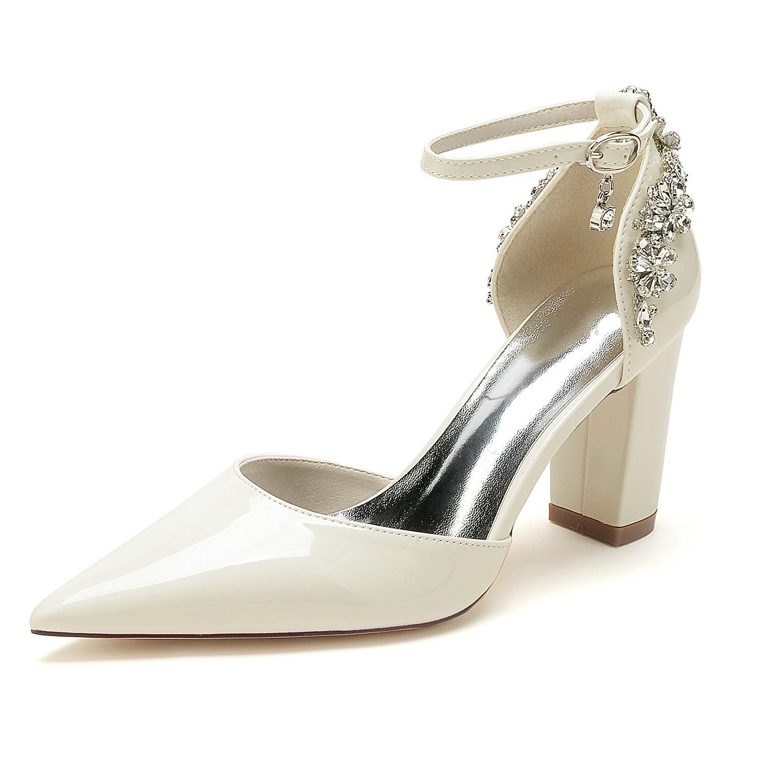 

Pointed nude patent leather hollow high heels thick heel rhinestone large size women s shoes sexy women s single shoes 36 слонова кістка