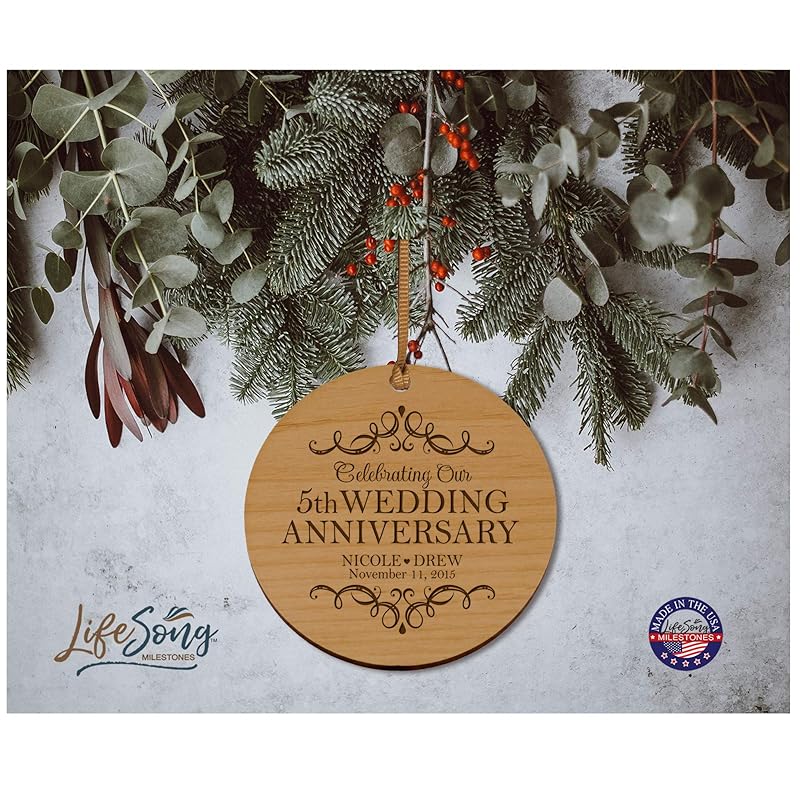 LifeSong Milestones Personalized 5th Anniversary Wood Style Christmas Ornament for 5 year of marriage - Five Year Weddin