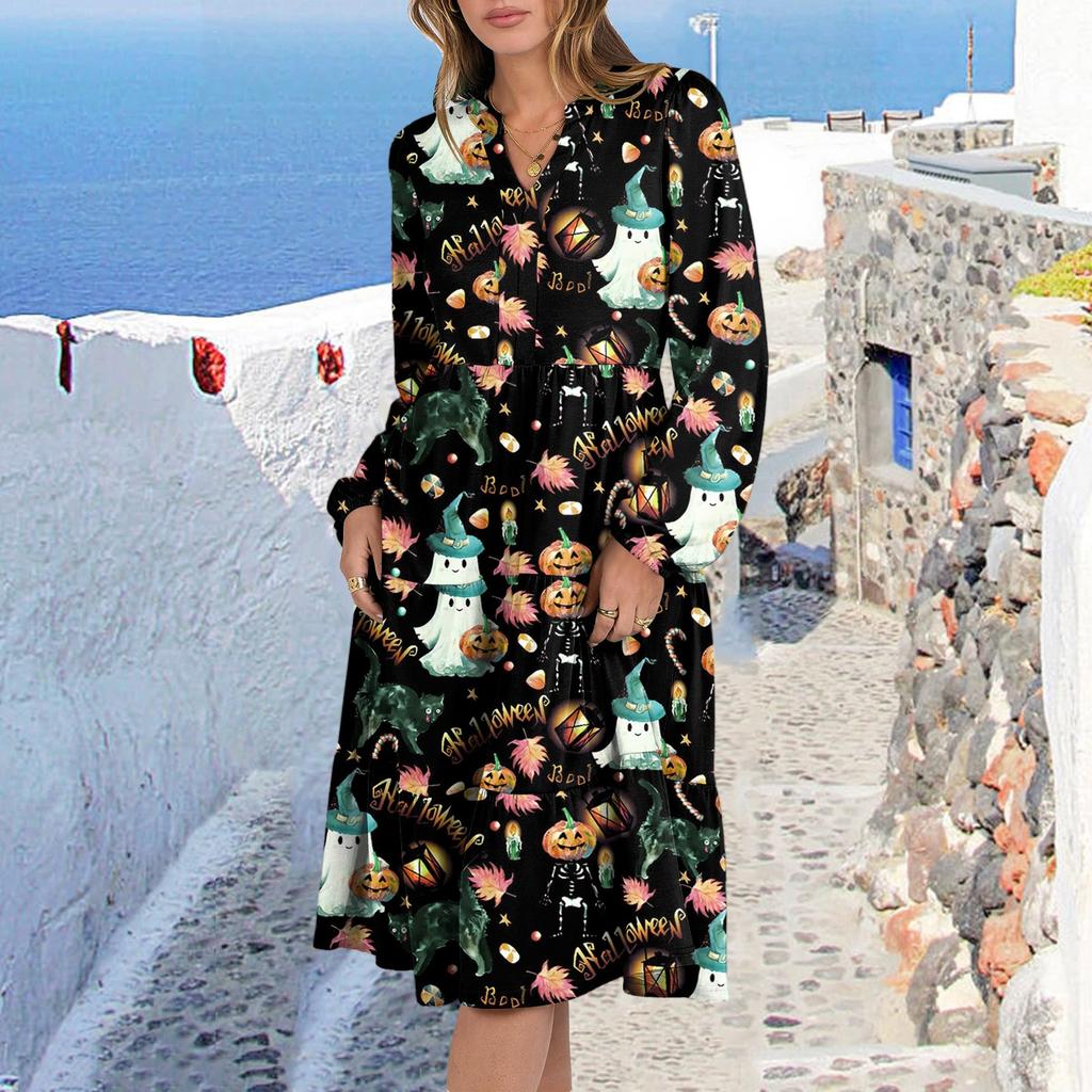 Women's V-Neck Flowing Layered Bohemian Long Sleeve Halloween Print Dress