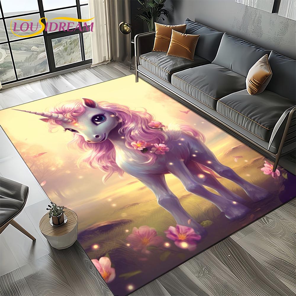 Unicorn Cartoon Cute 3D Dream Girl Carpet Rug for Living Room Bedroom Home Sofa Decoration,Kid Area Rug Non-slip Floor Mat Gift