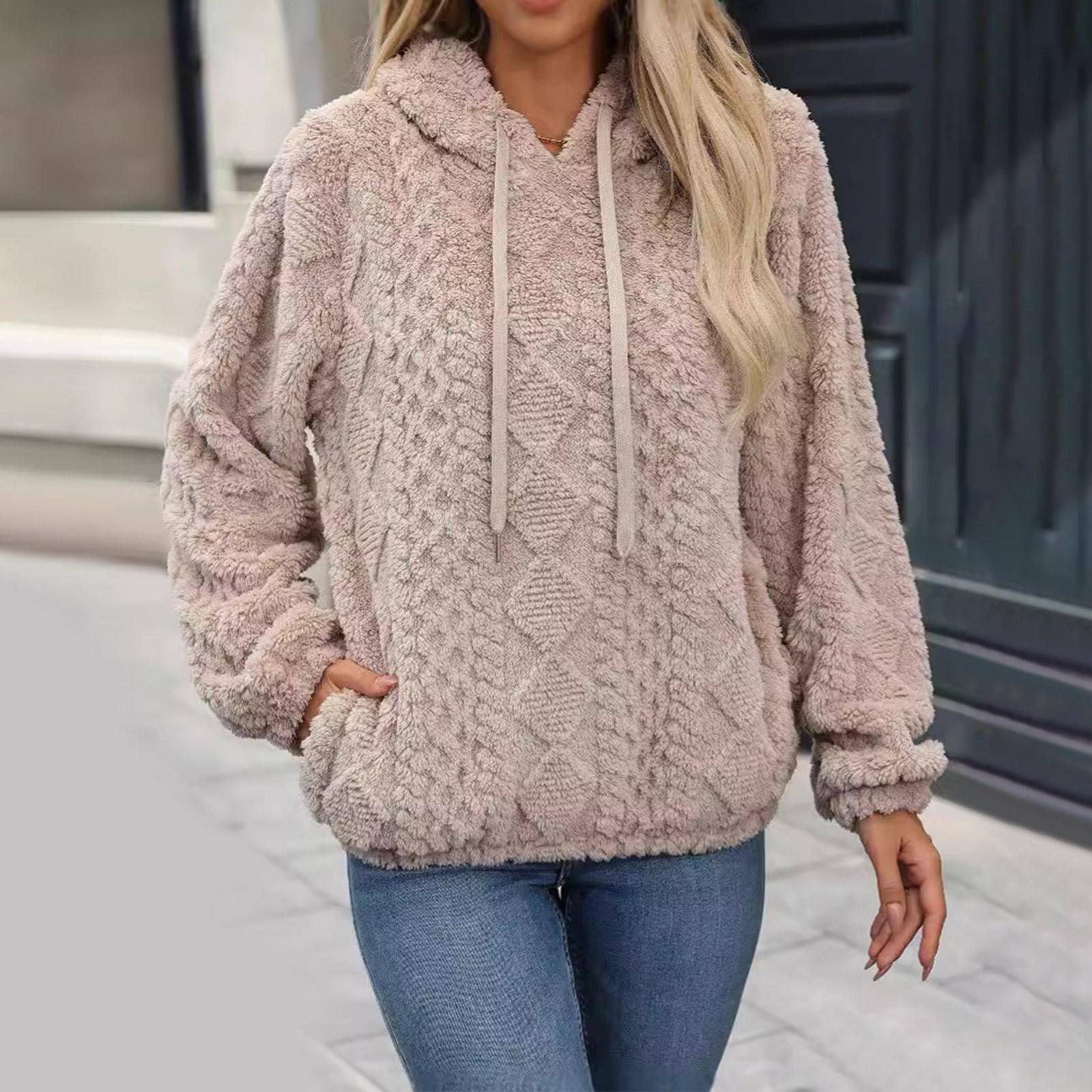 Женский свободный свитер с капюшоном из плюшевой ткани с длинными рукавами L хаки — фото 4