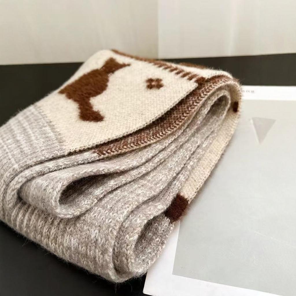 Coffee Kitten~ Japanese Cat Small Fish Jacquard Knitted Scarf Women's Autumn and Winter Versatile Warm Windproof and Cold Scarf