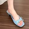 Fashion New Comfortable Low Heel Square Head Sandals Sweet Bow Silk Thick Heel Slippers for Ladies Outwear Blue Slides