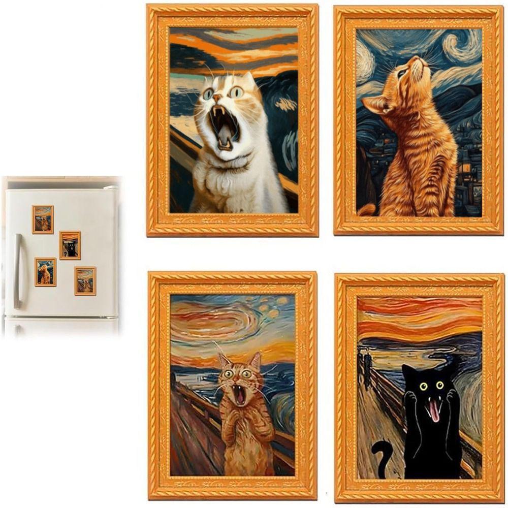 Kattmönster Träram Kylskåpsmagneter Oljemålning Stil Svart Katt Kylskåpsmagneter