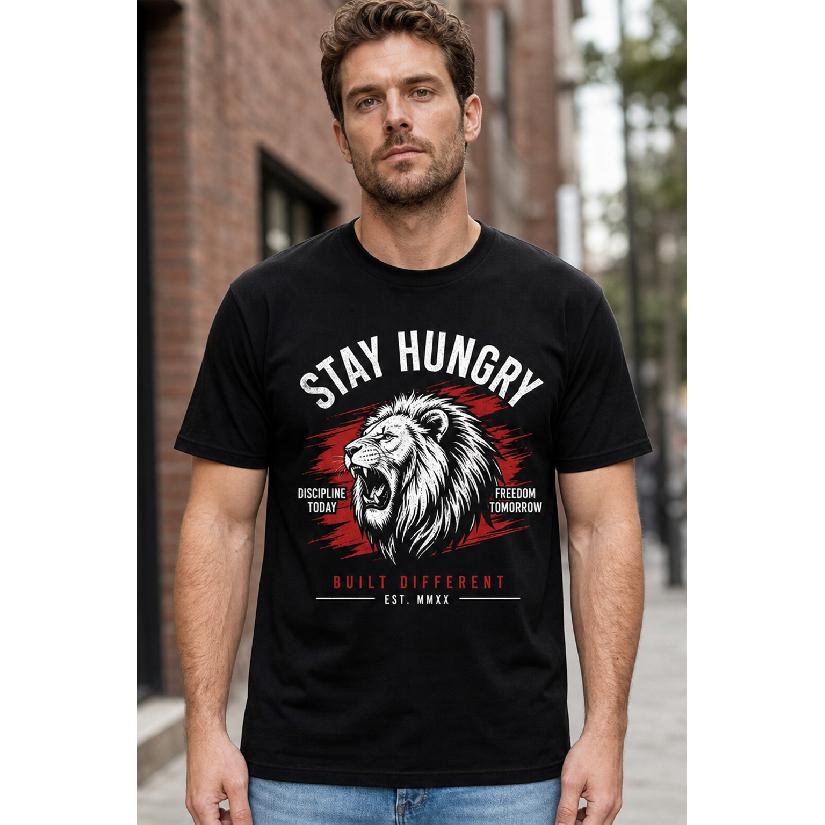 Men s Stay Hungry Lion Graphic T-Shirt - Short Sleeve Crew Neck Soft Cotton Blend Motivational Print Casual Streetwear Top for Daily Wear S чёрный