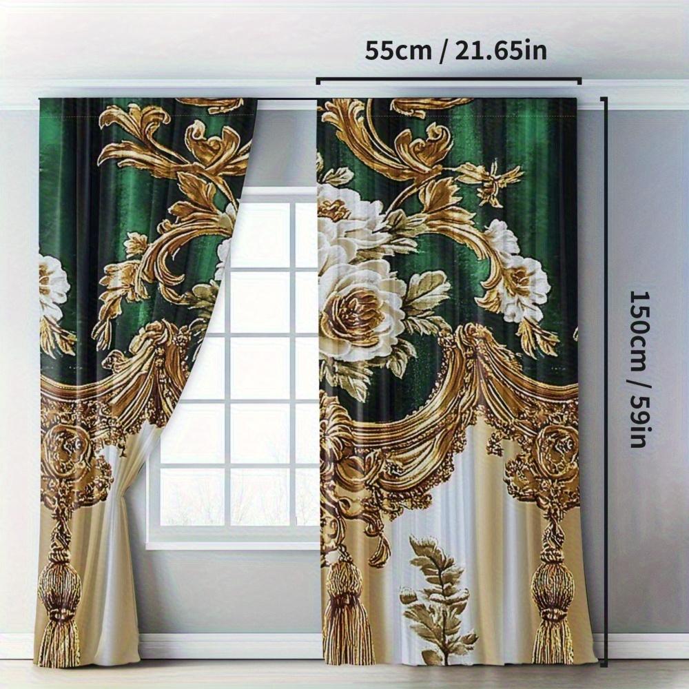 2pcs Elegant Gold Floral Print Polyester Curtains with Green & Gold Damask Design  for Bedroom  Living Room  Kitchen & Office Decor