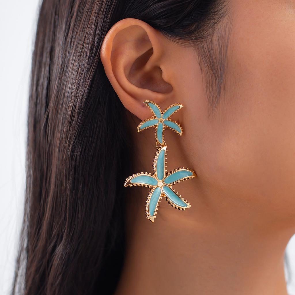 Fashionable Alloy Blue Color Starfishes Drop Earrings Flower Pendant Piercing Ear Accessory for Parties and Gatherings