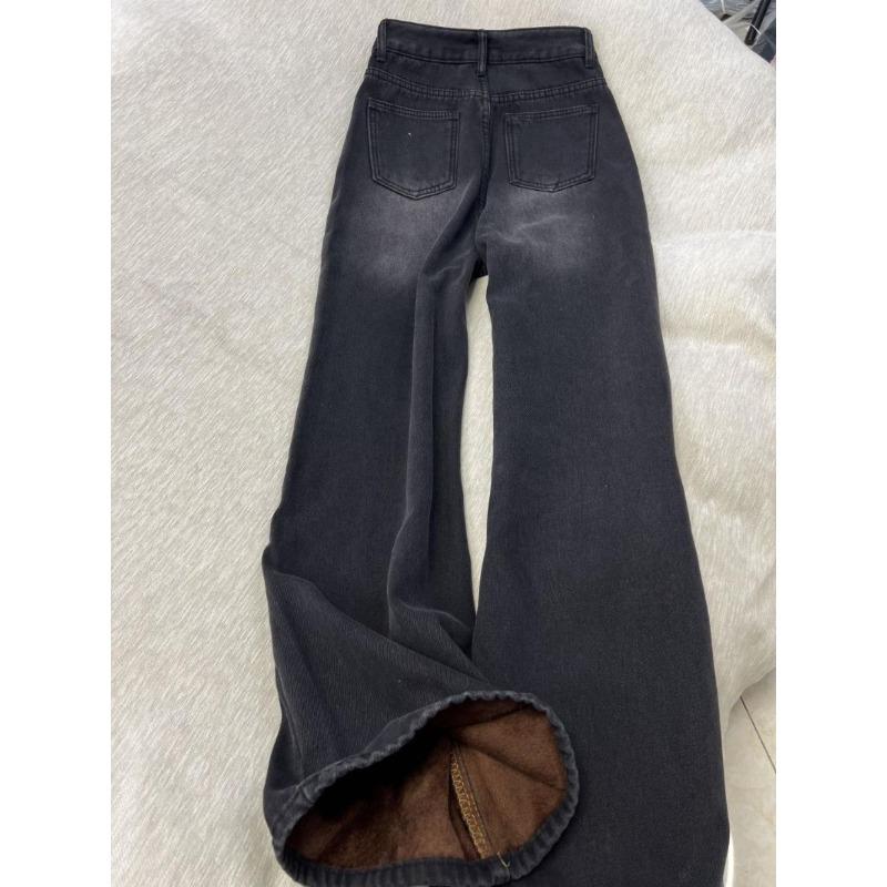 Winter New High-waisted Retro Black-gray Velvet Warm Loose Straight Jeans Women