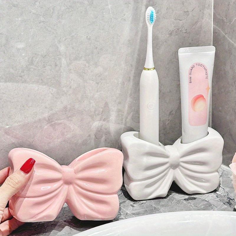 Charming Bow Ceramic Toothbrush Holder - Portable, Drill-free Bathroom Storage for Toothbrushes and Toothpaste
