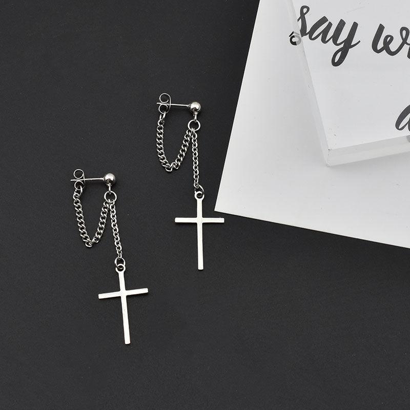 

Vintage Punk Cross Tassel Earrings for Women Men Gothic Hip Hop Metal Sliver Color Crystal Chain Hoop Earrings Zircon Gift