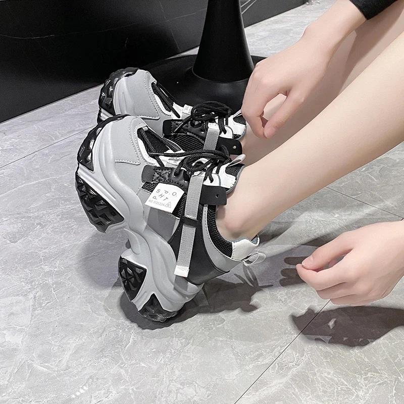 Fashion 10CM Heels Women Chunky Leather Sneakers High Top Platform Sport Shoes Autumn Spring Casual Shoes Fashion Vulcanized Shoes Woman