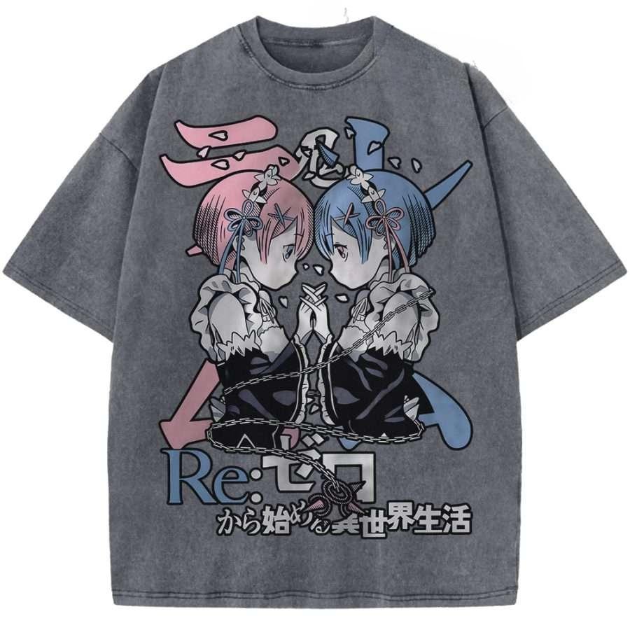 Anime Re ZERO Starting Life In Another World Rem Ram Cute Graphic T Shirt Men Women Tshirt Washed Cotton Tee Harajuku T-shirt