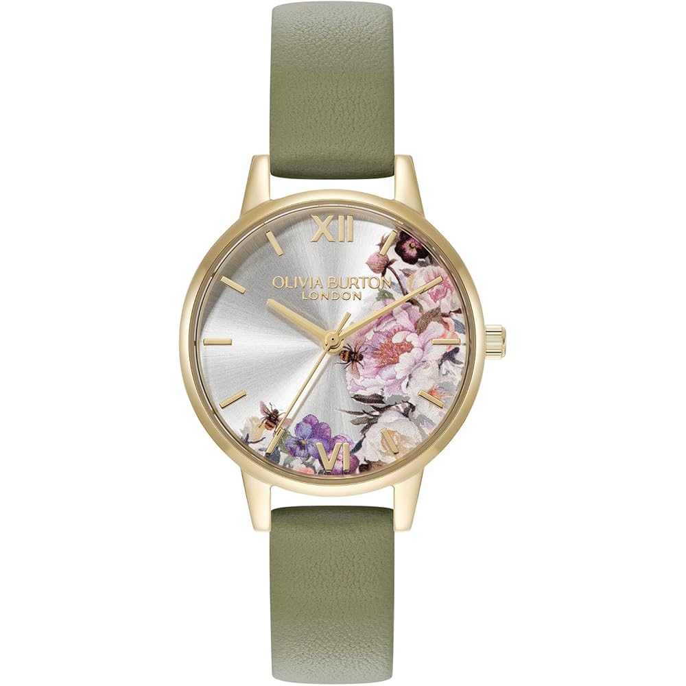 Olivia Burton Illustrated Floral Midi Watch Ivory Gold Sage Green Leather Women s 24000228