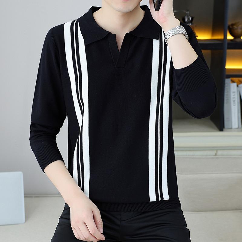 Autumn and Winter Fashion Men's Lapel Slim Sweater British Style Striped Contrasting Casual Knitted POLO Shirt Top