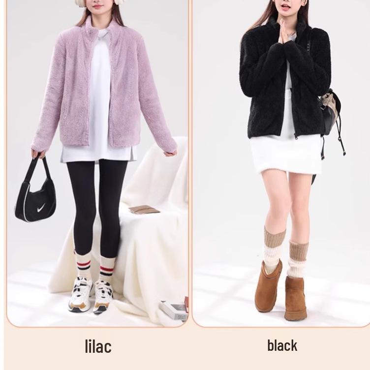 Women's Double-Sided Fleece Jacket - Autumn/Winter Style, Warm Stand-Up Collar, Cardigan Windbreaker.