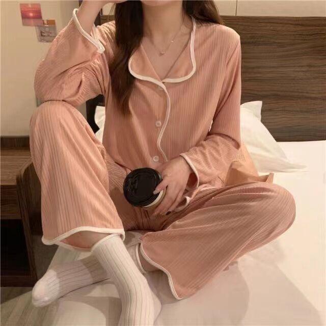 Lace Long Sleeve Black Cardigan Pajamas for Women – Sweet and Loose Spring/Autumn Homewear with Long Pants