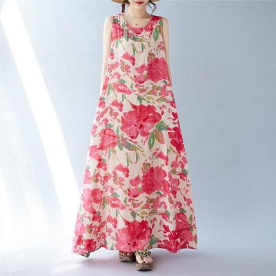 Sleeveless Plus Size Cotton Vintage Floral New In Dresses for Women Casual Loose Long Summer Dress