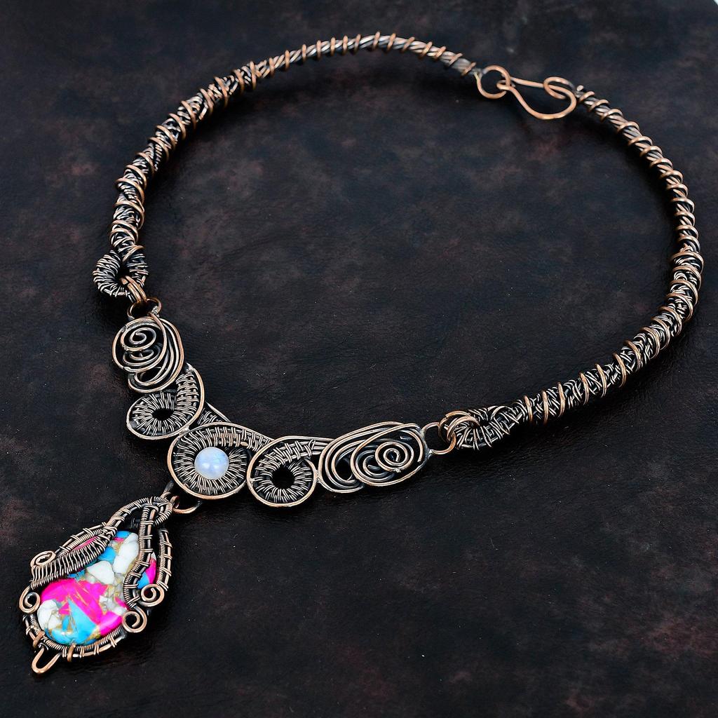 Cotton Candy Turquoise Necklace Copper Wire Wrapped Gemstone Jewelry Rainbow Moonstone Necklace Handmade Copper Wire Necklace Wedding Gifts