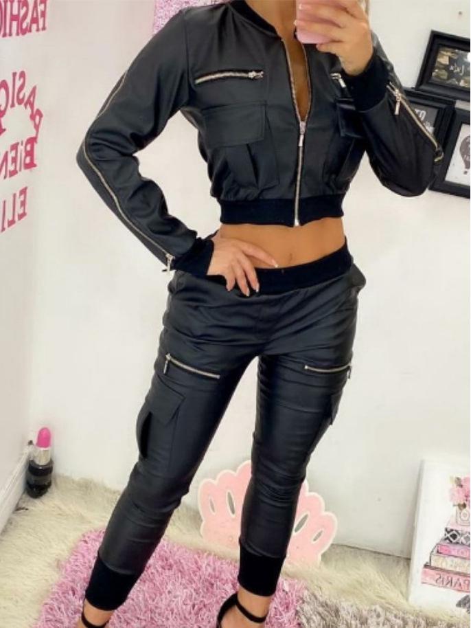 Trendy 2024 Black PU Zipper Short Jacket for Women - European & American Style