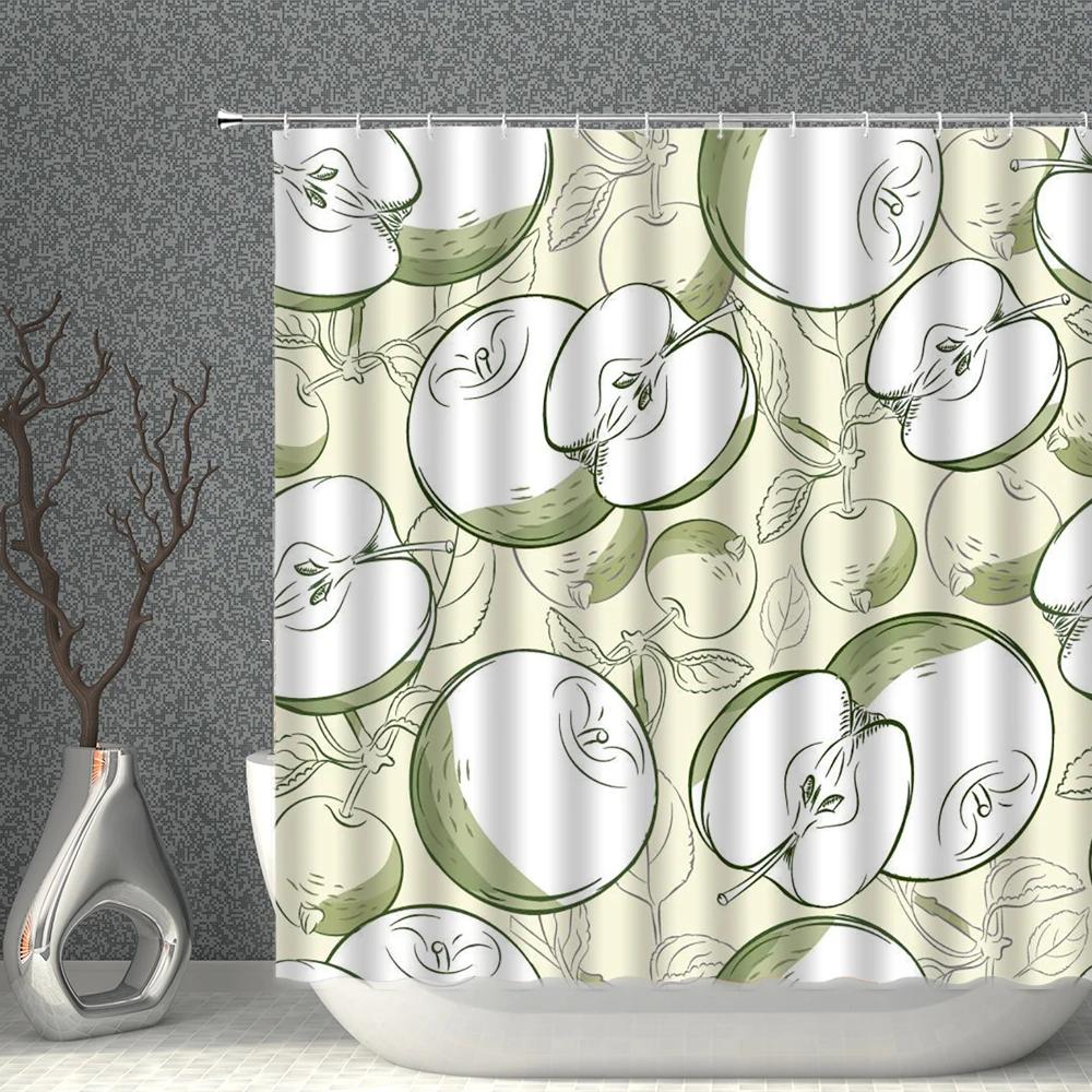 Fruits Shower Curtain Waterproof Fabric Watermelon Apple Strawberry Print Bath Curtains Set Pink Green White Bathroom Screen