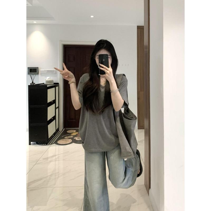 Korean Style Simple V-neck Lazy Style Short-sleeved T-shirt Women Summer New Loose Drapey Versatile Half-sleeved Top