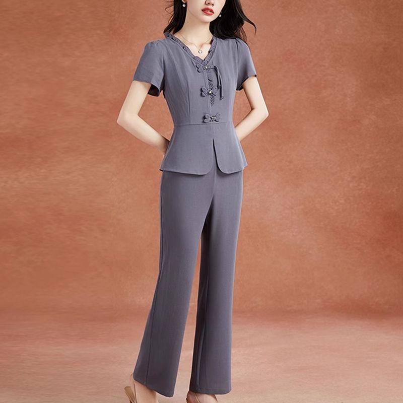 

Женский летний облегающий костюм-двойка 2025: Шикарный топ и брюки в национальном стиле 4XL (145-160jin)