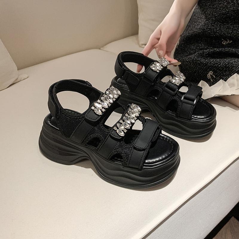 Modne Damskie Letnie Sandały na Platformie Błyszczące Oddychające Koturny 9CM Obcasy Damskie Kryształowe Klapki Plażowe Grube Buty Sandalias Mujer