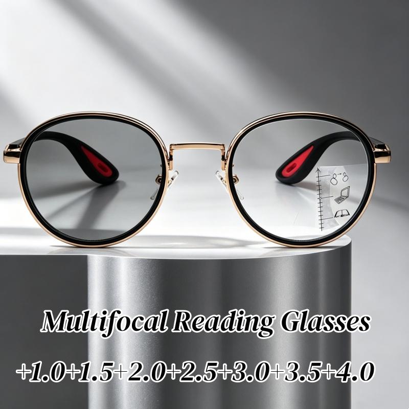 Retro Color Changing Multifocal Reading Glasses Men Women Trendy Outdoor Photochromic Eyewear Unisex Round Frame Eyeglasses