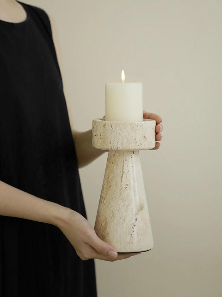 Minimalist Marble Candle Holder for Wedding Party Dinning Vintage Travertine Stone Taper Candlestick Holder for Home Decor