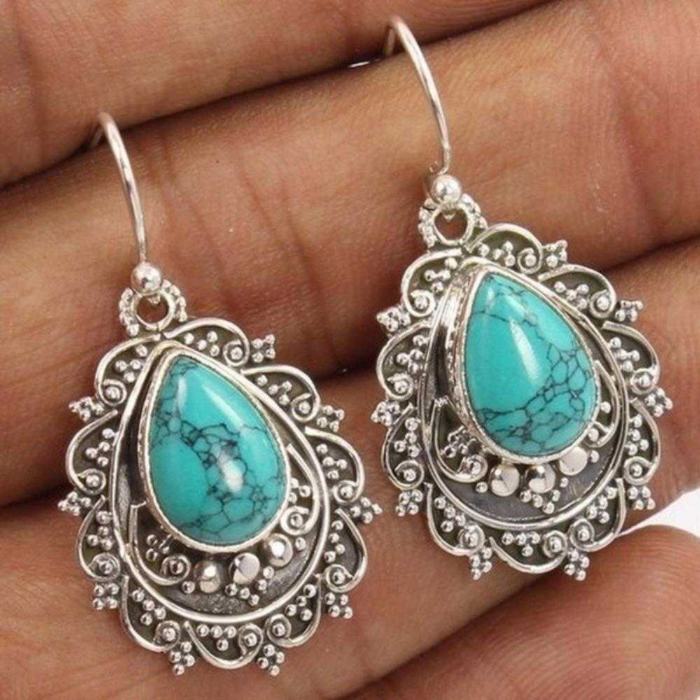 Turquoise Drop Pear Earrings Vintage Thai Silver Plated Dangle Earrings for Women