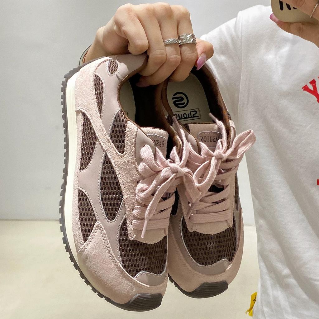 2025 Early Autumn New Leather Mesh Platform Dad Shoes Women's Versatile Casual Sports Shoes Breathable Mesh Shoes