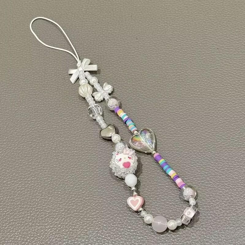 Stylish Cat Beaded Phone Lanyard for Women - Heart & Bow Design, Anti-Loss Strap, Cute Girlish Charm