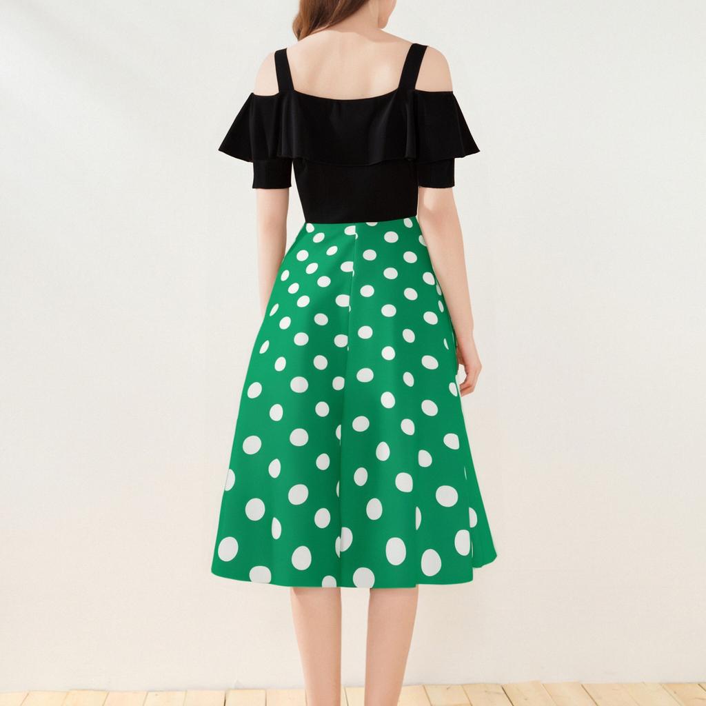 Damenmode Lässig Retro Mit Flound-Fransen Kurzärmelig Schwarz Patchwork Punkt Großer Rock