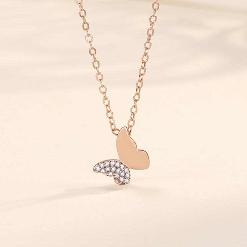 Elegant Butterfly Pendant Necklace: 925 Sterling Silver, Rhinestone Accents, Korean Forest-Inspired Style, Simple Clavicle Chain 925 Silver розового золота