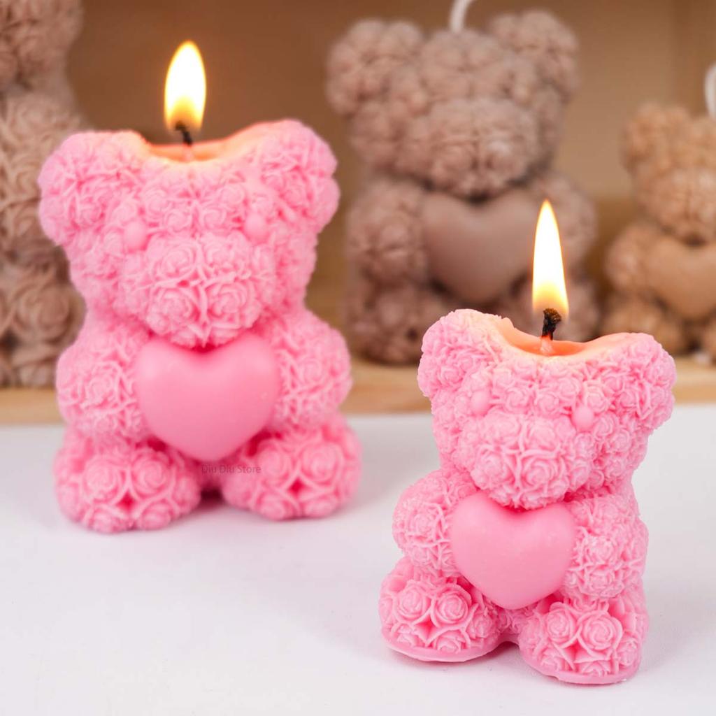 3D Rose Flower Bear Silicone Mold DIY Valentine's Day Animal Love Bears Craft Gifts Making Soap Plaster Resin Molds Home Decor